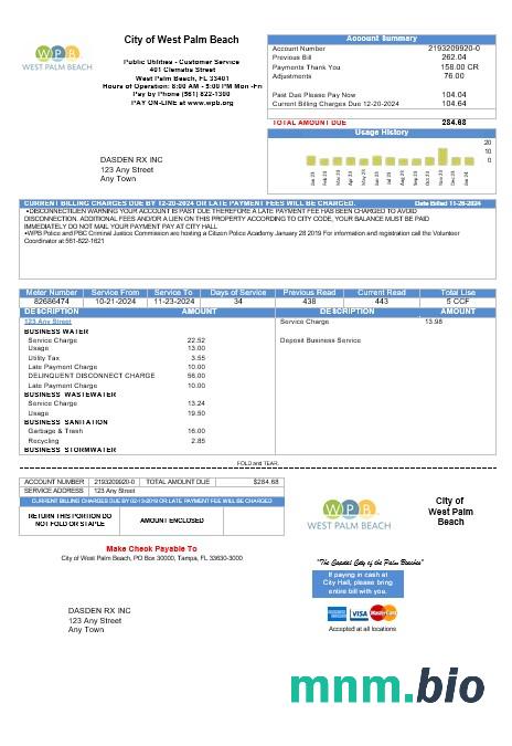 USA Florida City of West Palm Beach Business utility bill szablon w formacie Word i PDF